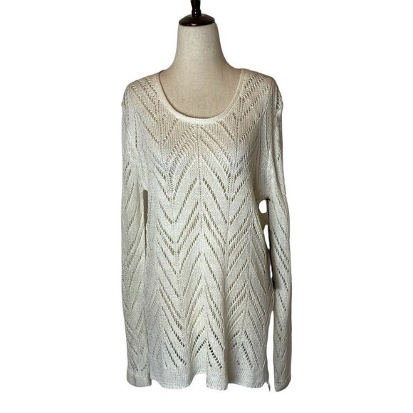 FYLO Ivory Open Crochet Knit Long‎ Sleeve Round Neck Pullover Sweater Size S - Picture 2 of 9